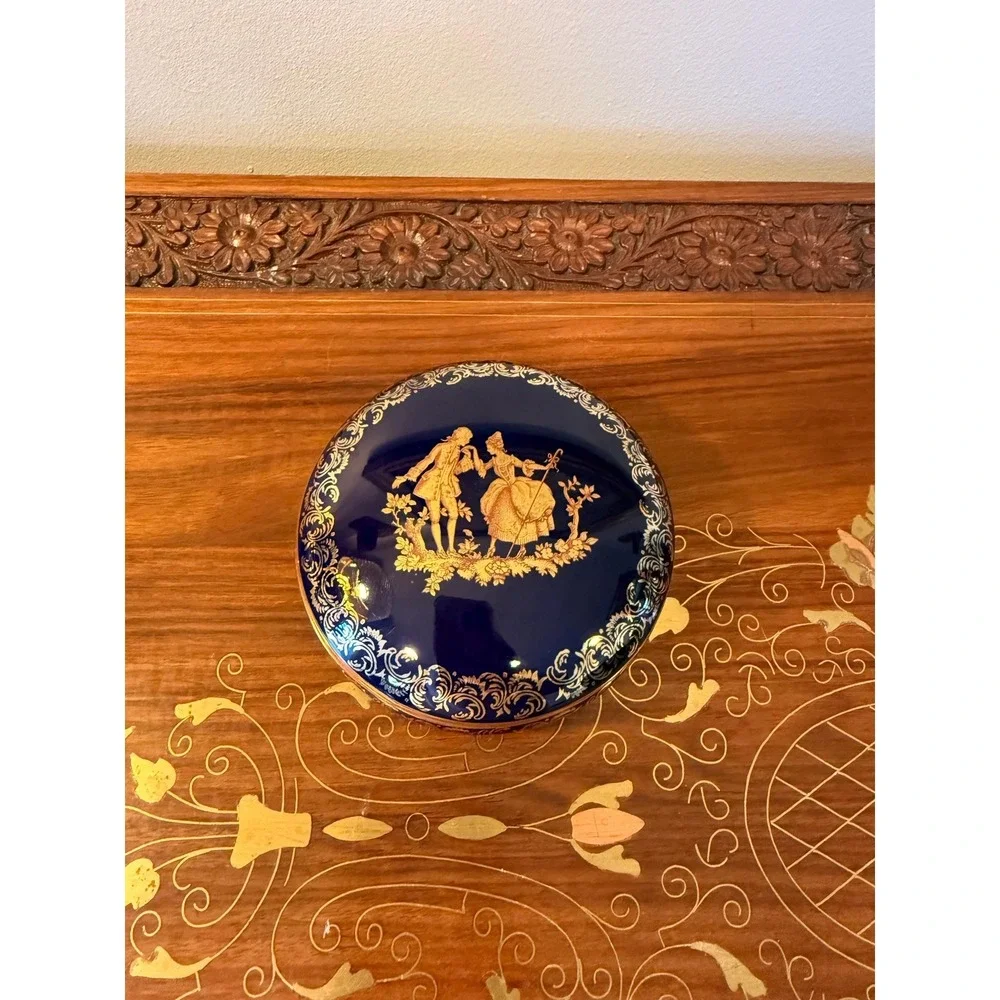 Vintage Limoges Cobalt Blue Gold Trinket Box, French Porcelain 4.5